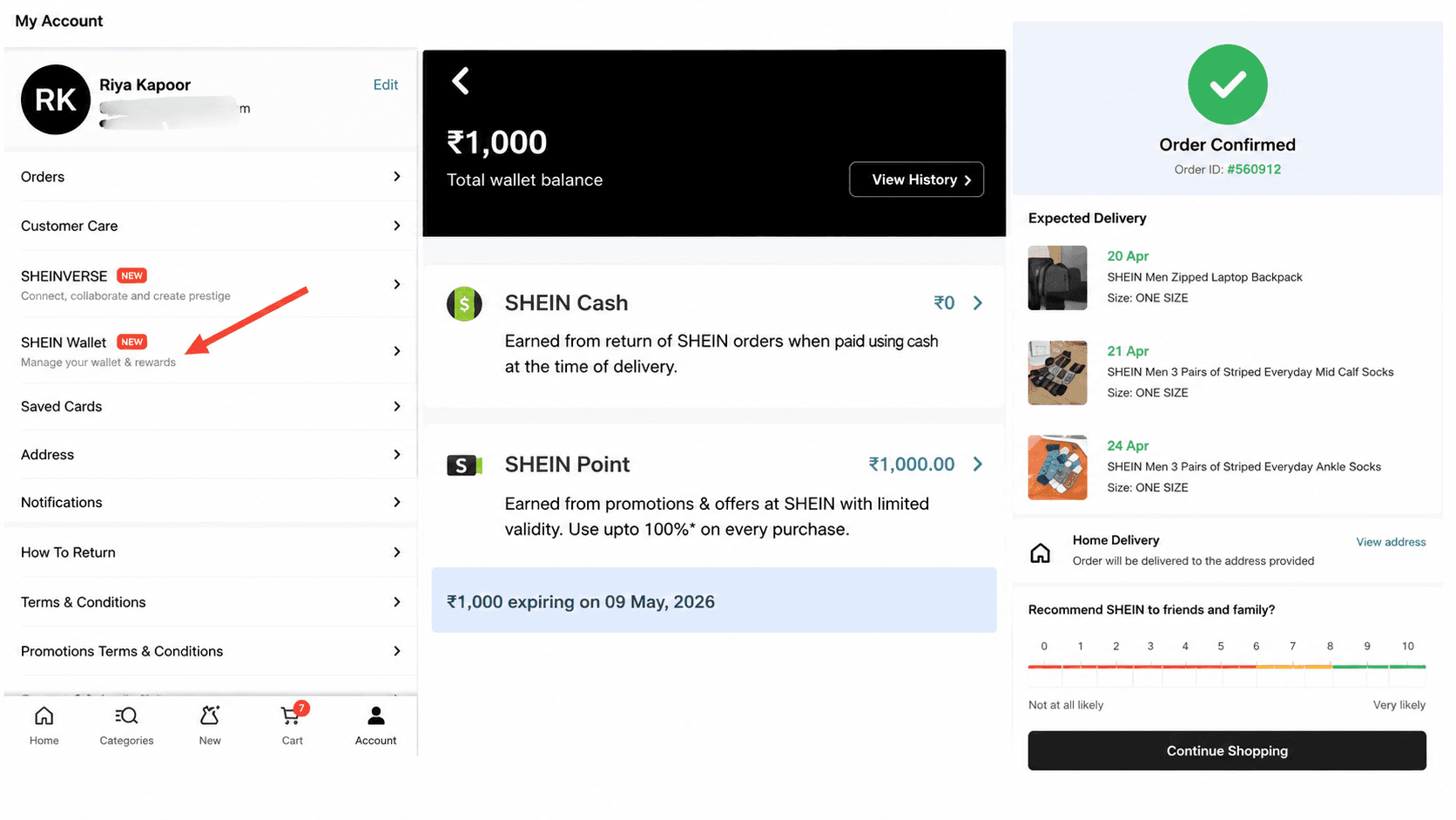 Shein app SHEINverse section showing the Connect Instagram button and Gift Card rewards